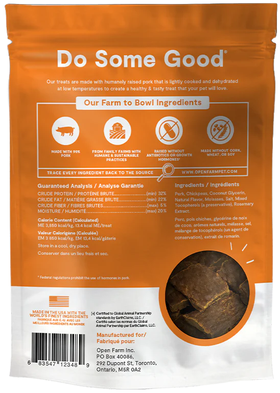 Back view of Open Farm Dehydrated Pork Dog Treats bag highlighting ingredients and sourcing.