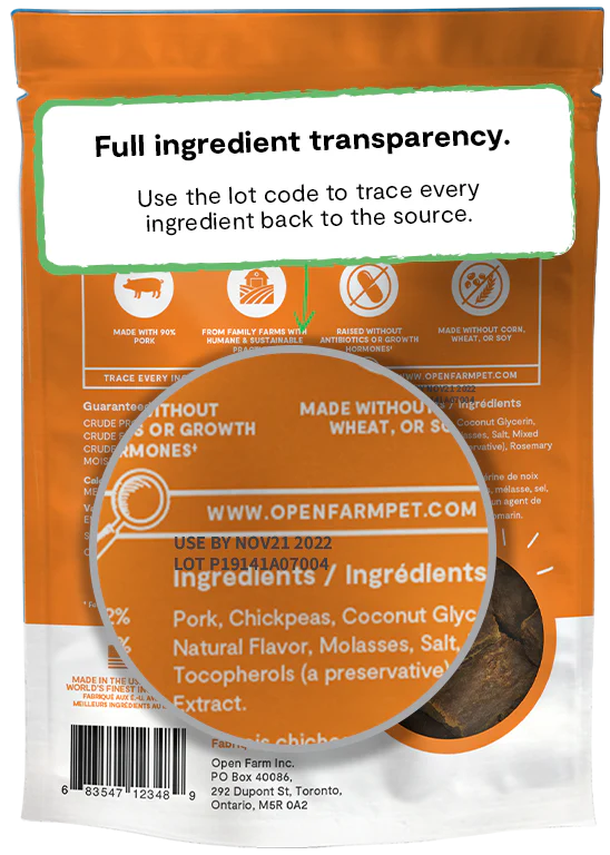 Detailed transparency on the back of Open Farm Dehydrated Pork Dog Treats bag.