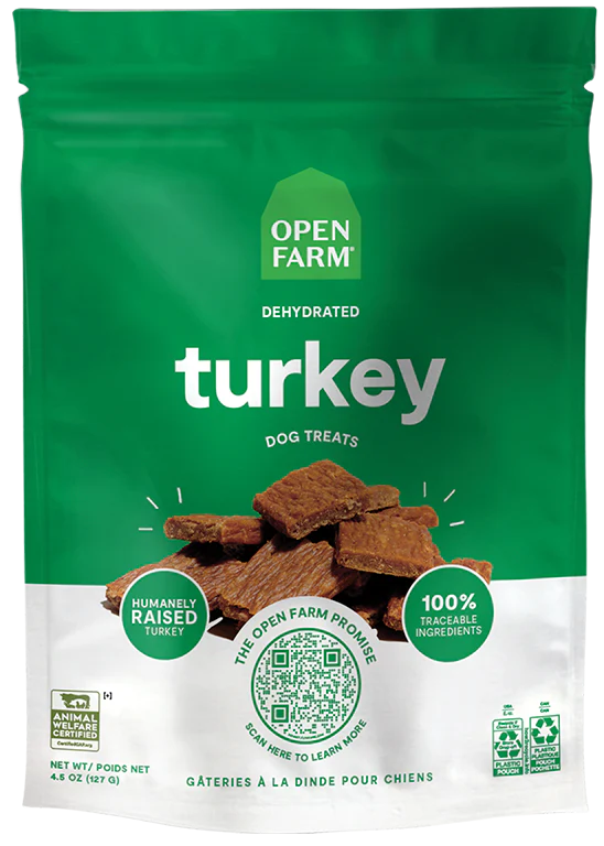 An image of the front of the bag of Open Farm Dehydrated Turkey Treats, showcasing the product's packaging and branding.