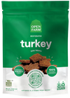 An image of the front of the bag of Open Farm Dehydrated Turkey Treats, showcasing the product's packaging and branding.