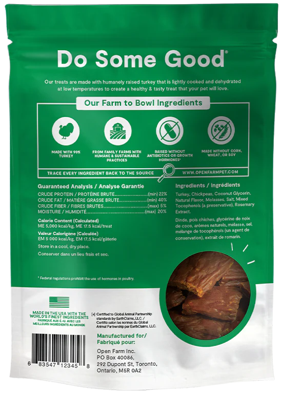 An image of the back of the bag of Open Farm Dehydrated Turkey Treats, displaying the ingredients and nutritional information.