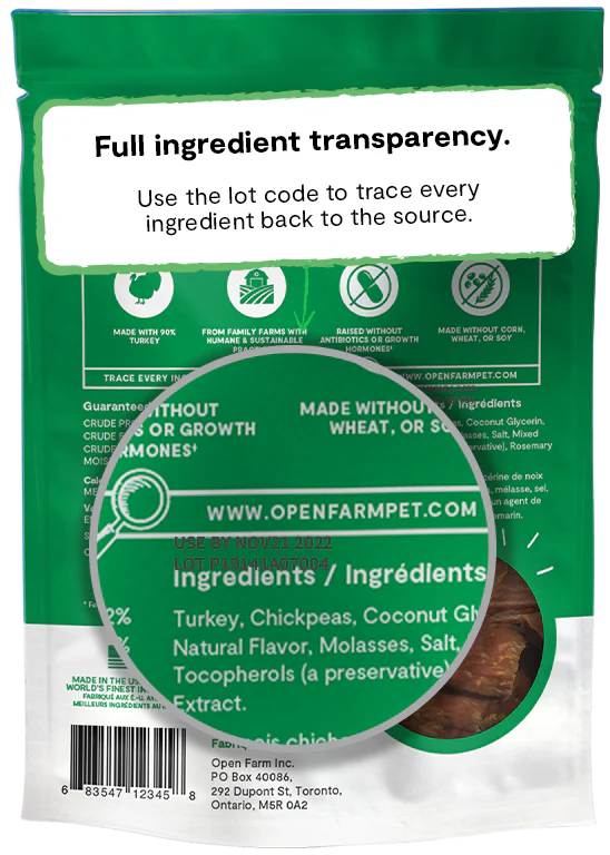 An image of the back of the bag of Open Farm Dehydrated Turkey Treats, highlighting Open Farm's commitment to transparency and ethical sourcing.