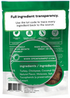 An image of the back of the bag of Open Farm Dehydrated Turkey Treats, highlighting Open Farm's commitment to transparency and ethical sourcing.