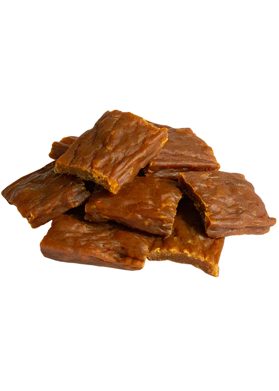 A close-up image of the dehydrated turkey treats, highlighting their texture and quality.