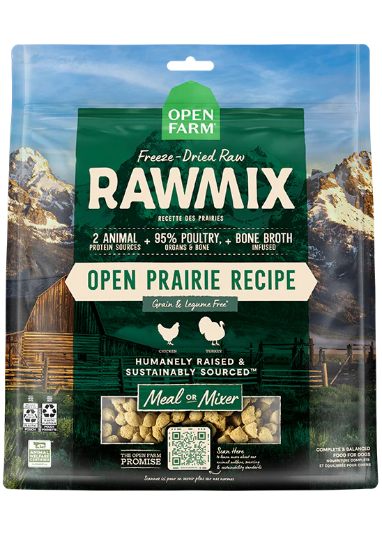 Front view of Open Farm Open Prairie Freeze-Dried Morsels Dog Food bag, showcasing 95% meat content, humanely raised chicken and turkey, and organic ingredients for nutritious meals.