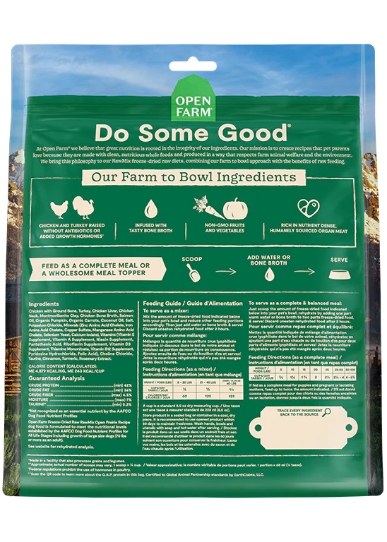 Back of Open Prairie Freeze-Dried Morsels Dog Food bag, featuring nutritional information and guaranteed analysis to ensure balanced, high-quality ingredients.