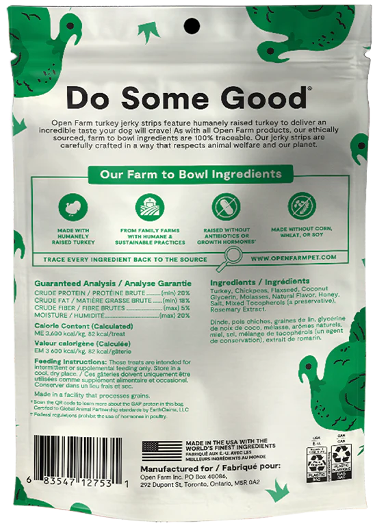 Back of Open Farm Turkey Jerky Strips bag detailing ingredients and eco-friendly packaging.