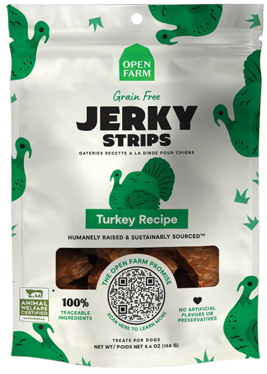 Front view of Open Farm Grain-Free Turkey Jerky Strips packaging showing turkey ingredients.