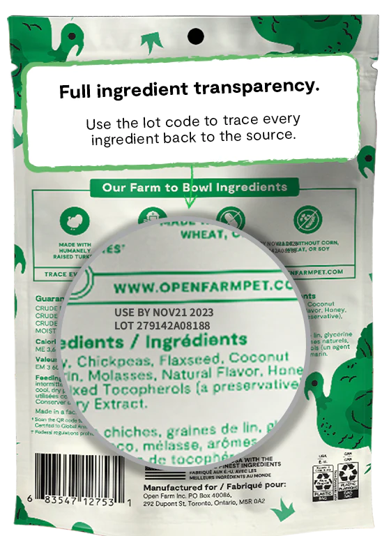 Close-up of the transparency details on the back of the bag with Open Farm’s ingredient traceability.