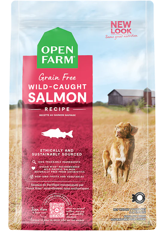 An image showing the front of the Open Farm Grain Free Wild Caught Salmon Dry Dog Food bag, highlighting the premium ingredients and grain-free formula.