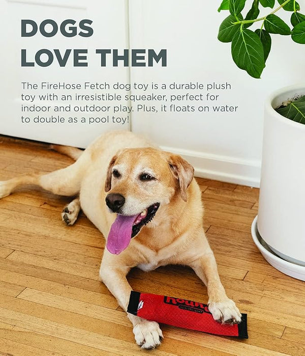 Golden Retriever holding the Fire Hose Fetch Toy. Made from real firehose material with reinforced seams. Squeaker included. Great for toss, tug, and water play. Floats for poolside fun. Tough but lightweight. Dogs love the durability and squeaky fun.