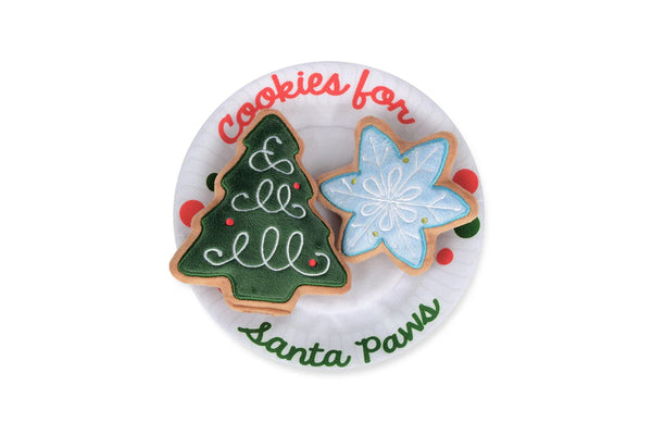 Front view of Pet Play San Francisco Merry Woofmas Christmas Eve Cookies toy, featuring a crinkly plate with two removable squeaky cookie pieces, perfect for holiday-themed playtime fun.