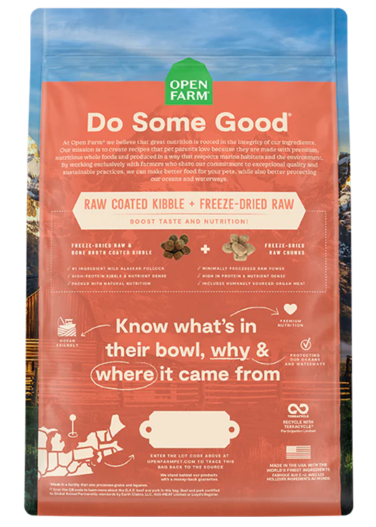 An image of the back of the bag: "Back view of Open Farm Ancient Grain RawMix - Tide & Terrain dog food bag, detailing ingredients and nutritional information."