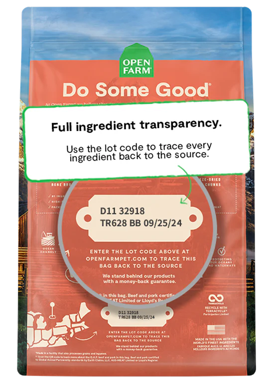 An image of the back of the bag showing the transparency of Open Farm: "Back view of Open Farm Ancient Grain RawMix - Tide & Terrain dog food bag, highlighting ingredient transparency and quality commitment."