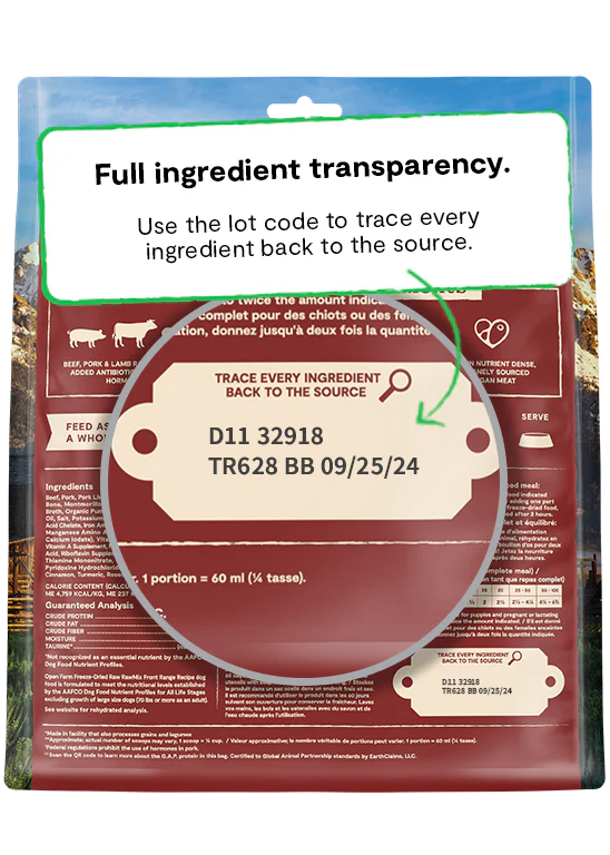 "Back view of Open Farm RawMix Front Range Freeze Dried Raw Recipe bag highlighting the brand's commitment to transparency and quality ingredients."