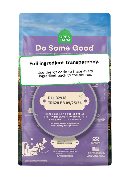 Open Farm transparency display, emphasizing ethical sourcing, non-GMO ingredients, and sustainability practices.