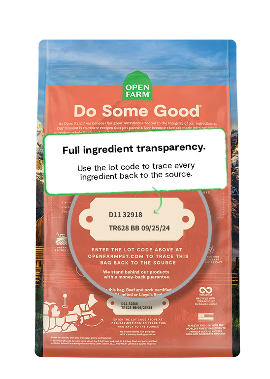 Open Farm transparency display, emphasizing ethical sourcing, non-GMO ingredients, and sustainability practices.