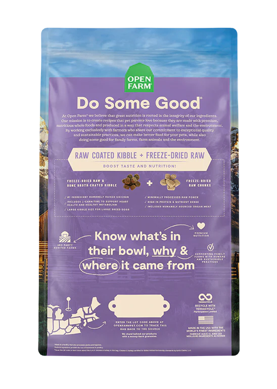 Back view of Open Farm Grain & Legume Free Large Breed dog food bag, detailing nutritional information and ingredient list.