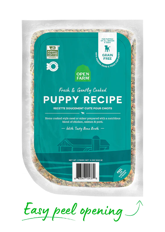 Image showing how to open Open Farm Gently Cooked Puppy Recipe’s pouch, emphasizing its easy-to-serve, resealable design for convenience.