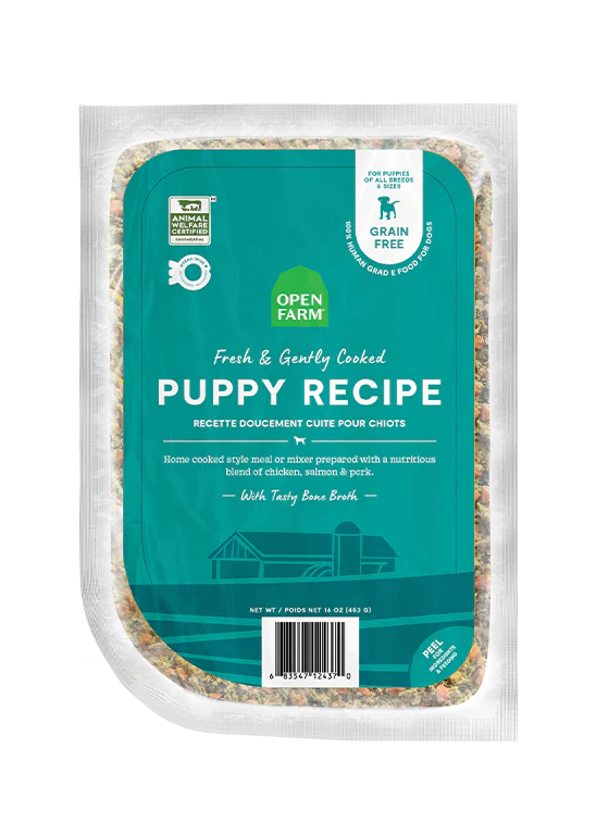 Front view of Open Farm Gently Cooked Puppy Recipe package, showcasing nutrient-packed, humanely raised ingredients for healthy growth.