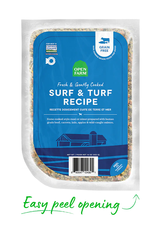 Step-by-step image of opening Open Farm Gently Cooked Surf & Turf Recipe pouch, showcasing convenient and easy-to-serve packaging.