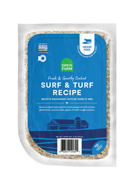 Front view of Open Farm Gently Cooked Surf & Turf Recipe package, highlighting premium ingredients and eco-friendly design.