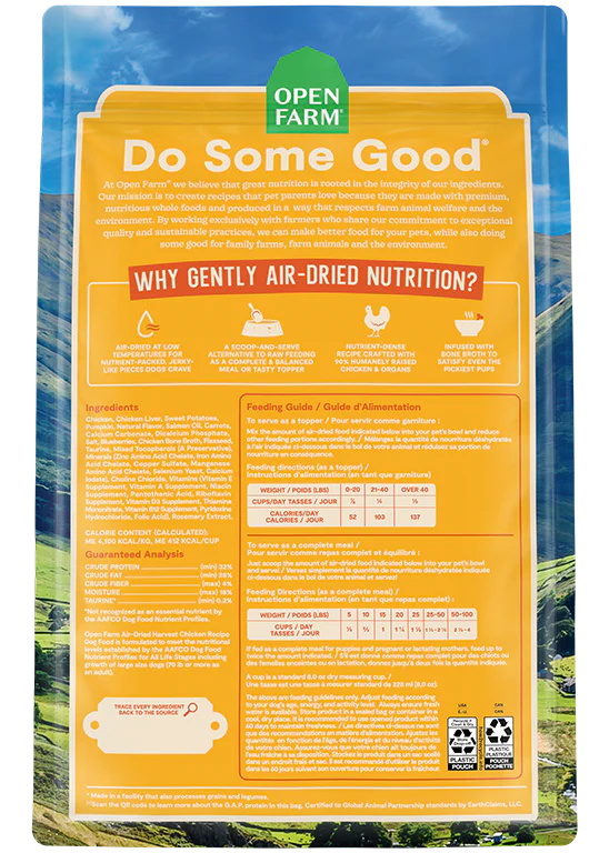 Back view of Open Farm Air-Dried Harvest Chicken Dog Food bag, displaying the full ingredient list and key nutritional benefits for transparency and quality assurance.