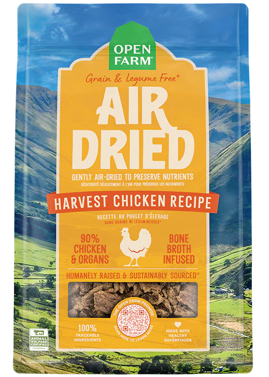 Front view of Open Farm Air-Dried Harvest Chicken Dog Food bag, highlighting the 90% humanely raised chicken and nutrient-rich ingredients for balanced nutrition.