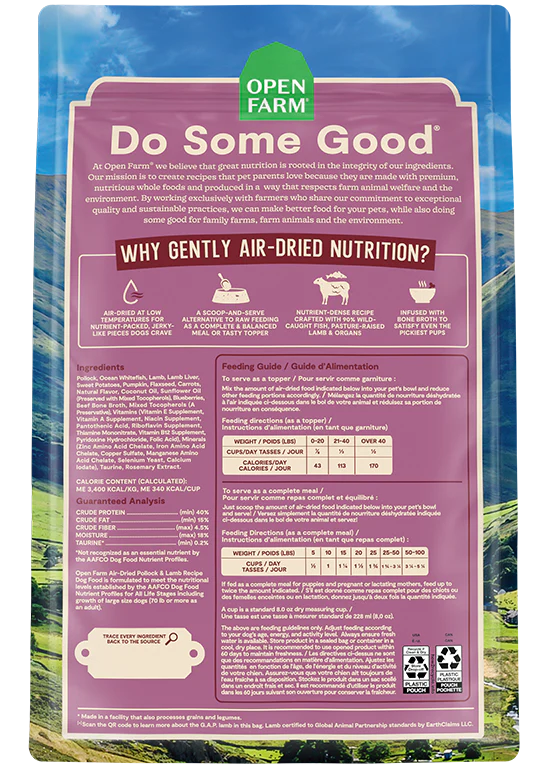 Back view of Open Farm Air-Dried Pollock & Lamb Dog Food bag, showing the detailed ingredient list and nutritional benefits for transparency and quality assurance.