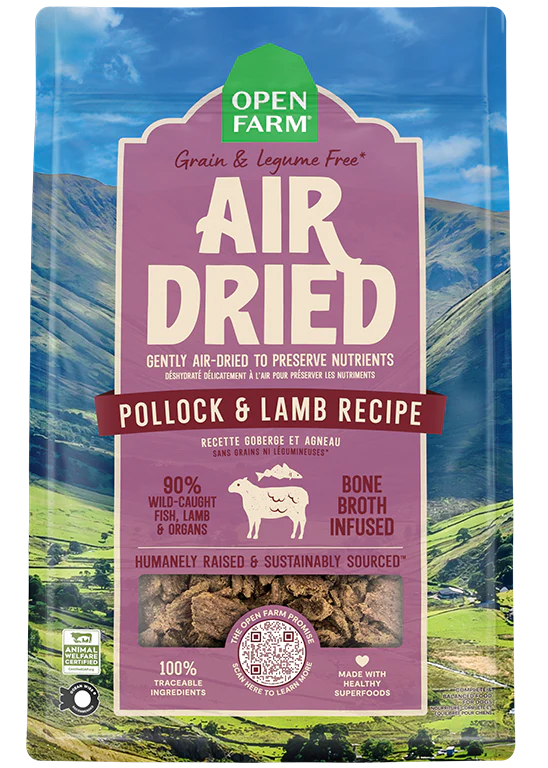 Front view of Open Farm Air-Dried Pollock & Lamb Dog Food bag, highlighting the 90% wild-caught pollock and humanely raised lamb for complete and balanced nutrition.