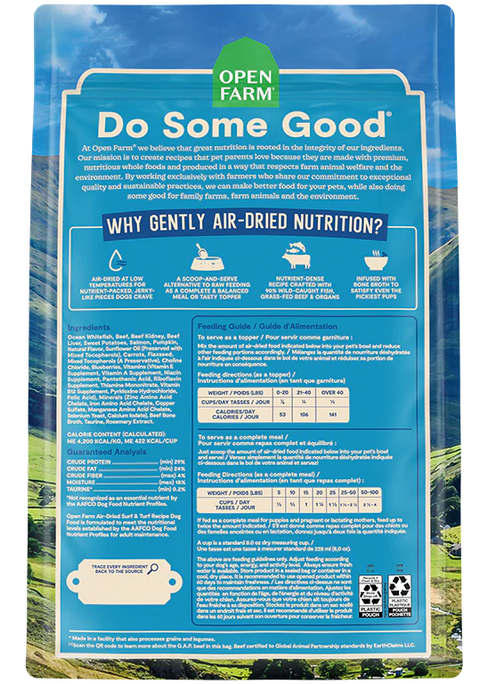 Back view of the Open Farm Air-Dried Surf & Turf Dog Food bag, showing the full ingredient list and product benefits to ensure transparency and quality.