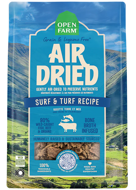 Front view of Open Farm Air-Dried Surf & Turf Dog Food bag, showcasing the premium ingredients and air-dried process that preserves flavour and nutrition.