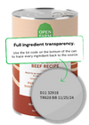 Clear view of Open Farm Chicken & Beef Pâté ingredient transparency, showcasing the commitment to ethical sourcing and non-GMO ingredients.