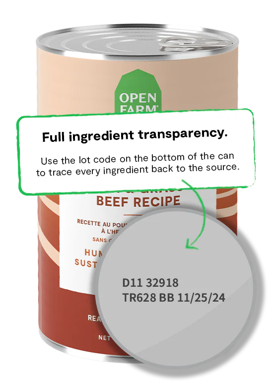Clear view of Open Farm Chicken & Beef Pâté ingredient transparency, showcasing the commitment to ethical sourcing and non-GMO ingredients.