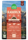 An image of the front of the bag: "Front view of Open Farm Ancient Grain RawMix - Tide & Terrain dog food bag, featuring Pollock, Beef, and Salmon with ancient grains."