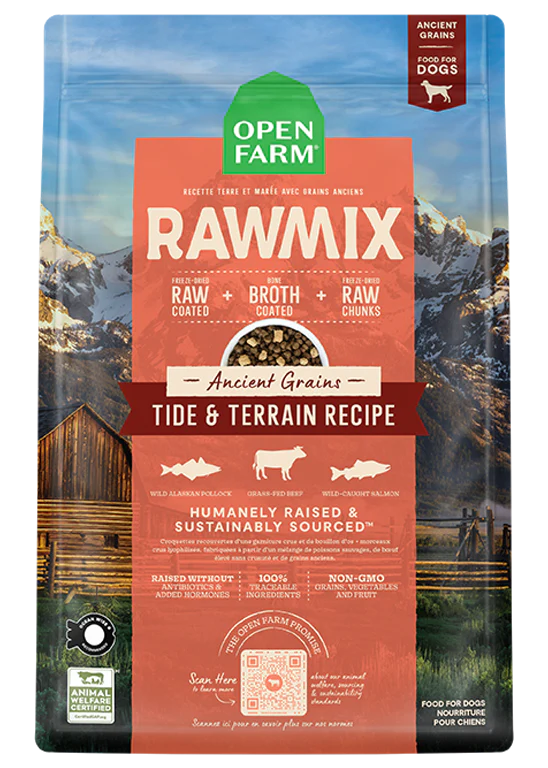 An image of the front of the bag: "Front view of Open Farm Ancient Grain RawMix - Tide & Terrain dog food bag, featuring Pollock, Beef, and Salmon with ancient grains."