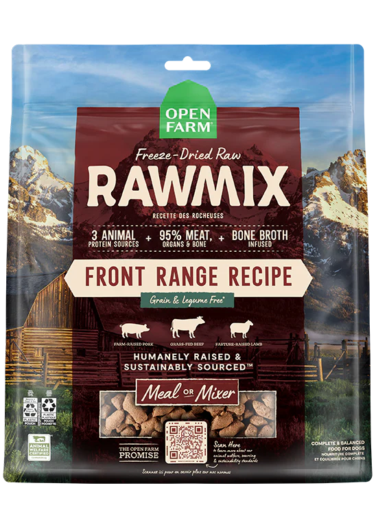 "Front view of Open Farm RawMix Front Range Freeze Dried Raw Recipe bag featuring pork, beef, and lamb."