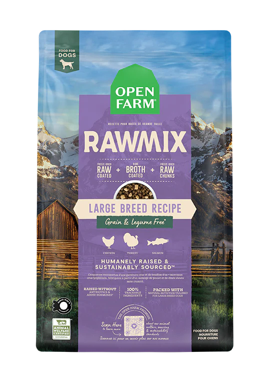 Front view of Open Farm Grain & Legume Free Large Breed dog food bag, showcasing high-quality, ethically sourced ingredients.