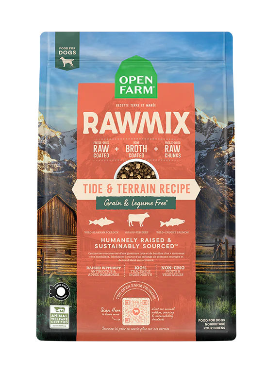 Front view of Open Farm Grain & Legume Free RawMix - Tide & Terrain bag, highlighting the wild-caught fish and pasture-raised meats.