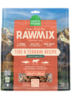 "Front view of Open Farm RawMix Tide & Terrain Freeze Dried Raw Recipe bag featuring pollock, beef, and salmon."