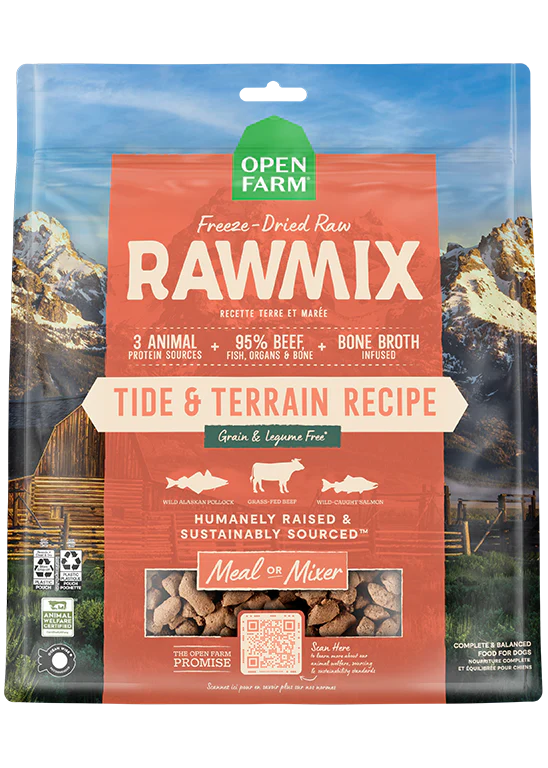 "Front view of Open Farm RawMix Tide & Terrain Freeze Dried Raw Recipe bag featuring pollock, beef, and salmon."