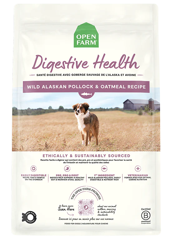 Image of Open Farm Digestive Health Dog Food bag featuring wild Alaskan pollock as the main ingredient, promoting easy digestion and gut health.