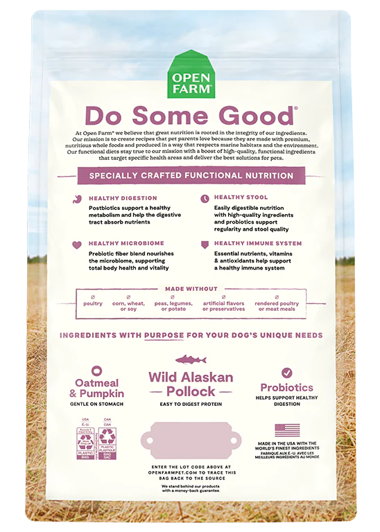 Back view of Open Farm Digestive Health Dog Food bag showcasing ingredient transparency, guaranteed analysis, and feeding guidelines for dogs with digestive concerns.