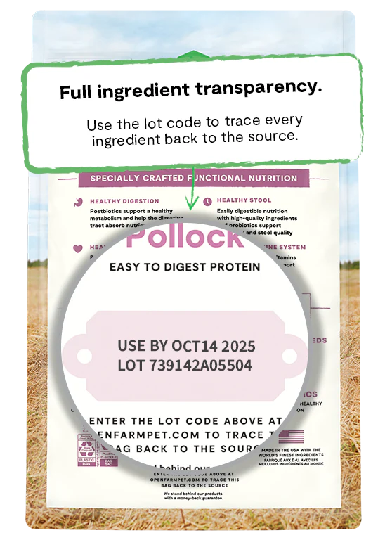 Close-up of the lot code on Open Farm’s Digestive Health Dog Food bag, demonstrating full ingredient traceability and commitment to high-quality sourcing.