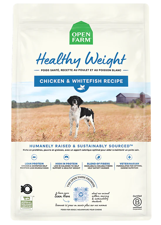 Image of Open Farm Healthy Weight Dog Food bag featuring high-protein, low-calorie nutrition with G.A.P. certified chicken and wild-caught whitefish.