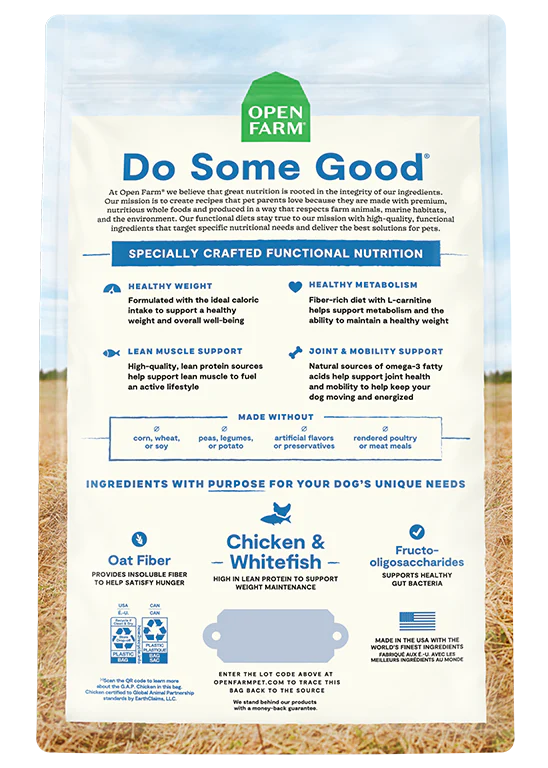 Back view of Open Farm Healthy Weight Dog Food bag displaying ingredient transparency, guaranteed analysis, and feeding guidelines for weight management.