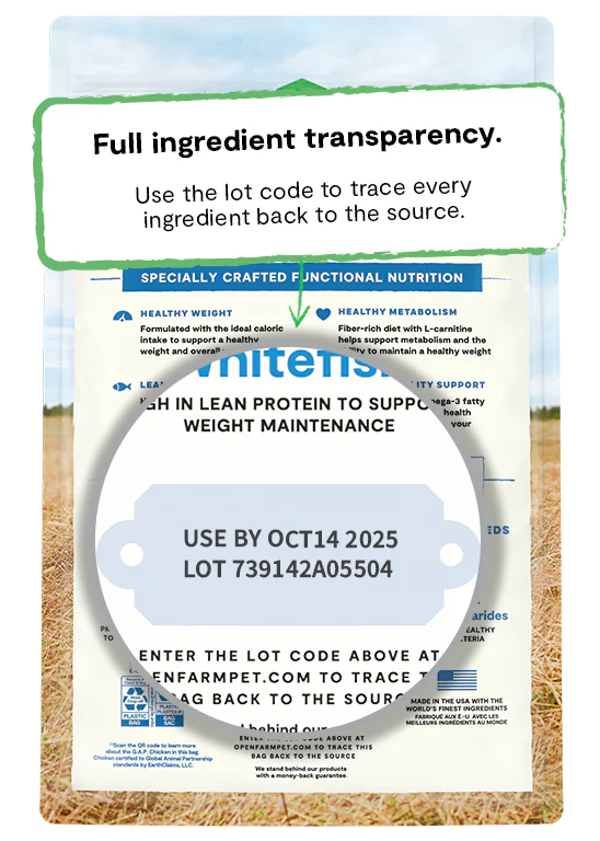 Close-up of the lot code on Open Farm’s Healthy Weight Dog Food bag, demonstrating full ingredient traceability and commitment to high-quality sourcing.