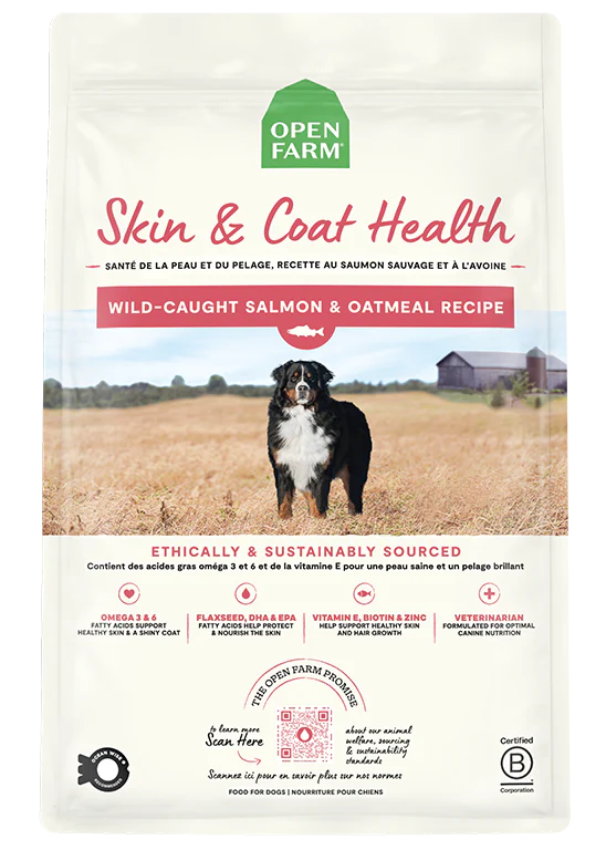 Image of Open Farm Skin & Coat Health Dog Food bag featuring wild-caught salmon as the main ingredient, promoting healthy skin and a glossy coat.