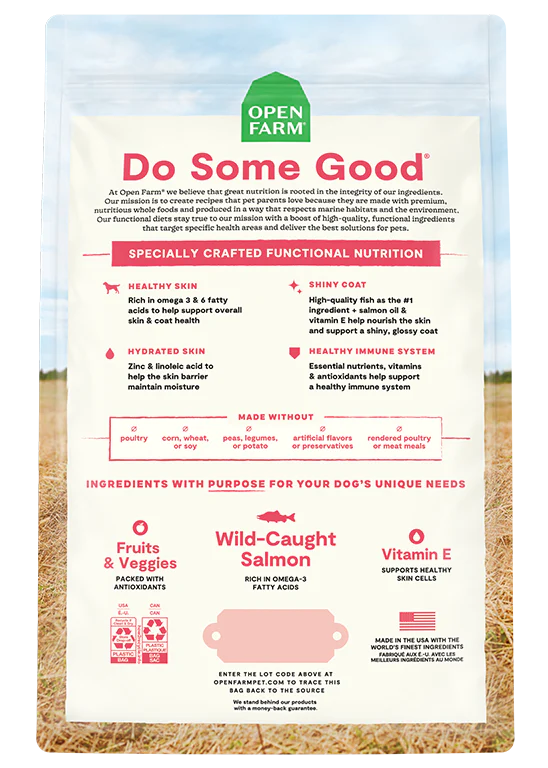 Back view of Open Farm Skin & Coat Health Dog Food bag showcasing ingredient transparency, guaranteed analysis, and feeding guidelines for optimal dog health.