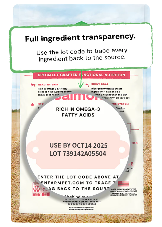 Close-up of the lot code on Open Farm’s Skin & Coat Health Dog Food bag, demonstrating full ingredient traceability for premium quality and ethical sourcing.